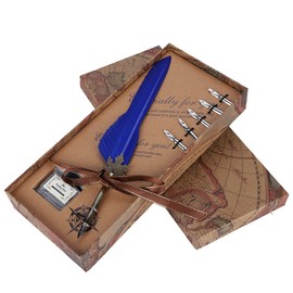 European Retro Quill Alloy Feather Writing with Pen Nibs Gift Box Set for Friends Blue