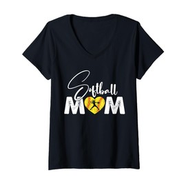 Womens Softball Mom Funny Vintage Heart Present For Baseball Mama V-Neck T-Shirt
