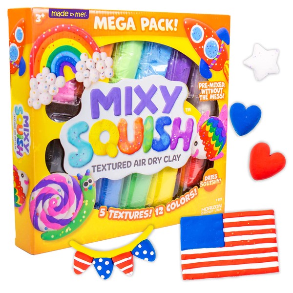 Made By Me Mixy Squish Rainbow Mega Pack by Horizon Group USA, Includes 12 oz. of Pre-Made Air Dry Clay, Sensory Play, 12 Colors, 5 Different Crunchy, Bumpy, Soft Textures, Dries Squishy & Smooth