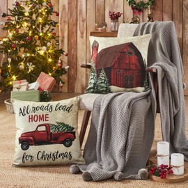 VHC Brands Christmas Farm Pillow Cover Set of 2 18Lx18W, Decorative Christmas Throw Pillow Covers, Primitive Decor Perfect for Winter and Holiday Decorations