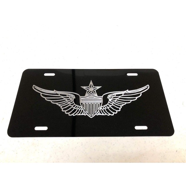Diamond Etched Senior Army Aviator Wings Car Tag on Aluminum License Plate