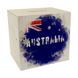 Wooden money box with Australia flag in used look, piggy bank for holidaymakers, a beautiful money box decorated with the Australian national flag to travel to