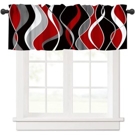 SHElifestyle Red Black Gray Modern Geometric Kitchen Valance Curtain, Abstract Striped Minimalist Retro Geometry Window Treatment Valances for Kitchen Living Room Café Décor 54'x18', 1 Panel