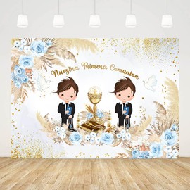 AIBIIN 7x5ft Nuestra Primera Comunion Backdrop for Twins Boys Baptism God Bless First Holy Communion Christening Party Decorations Boho Blue Floral Gold Peace Doves Party Banner Photo Studio Props