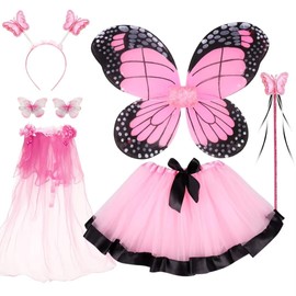 WILDPARTY Fairy Costume Kids Set, Butterfly Wings Tutu Hair Clips Magic Wand Headband Veil for Age 3-8 Years