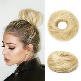 TANJET Messy Bun Hair Piece #18/613 Wavy Stretchy 100% Real Human Hair Natural Curly Updo Hair Bun Donut Elegant Chignon with Elastic Rubber Band （#18/613 Blonde with Highlights）