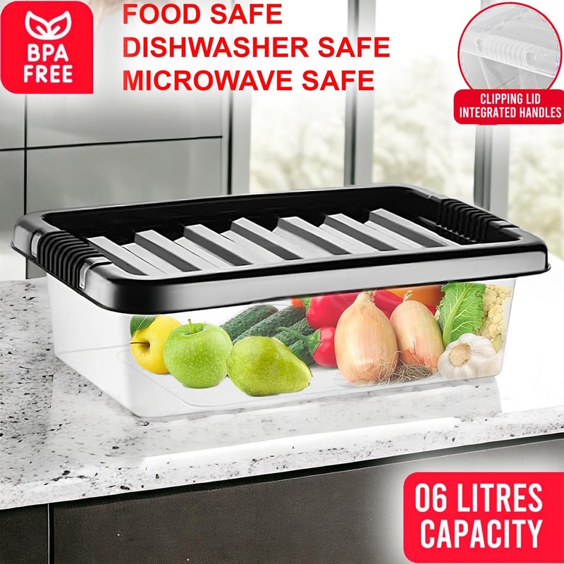 Buystarget 2X 6L Storage Boxes with Black Lids Clear Plastic