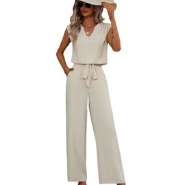 Conjunto de dos piezas para mujer, playera sin mangas con cuello con muescas y pantalones con lazo frontal, playera casual y pantalones de cintura elástica para verano, Beige, Small