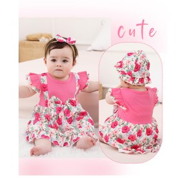Baby Girl Clothes 3-6 Months Newborn Summer Set Infant Outfits Fly Short Sleeve Floral Dresses Headband+Hat Overall Skirt Set One Piece Rosered