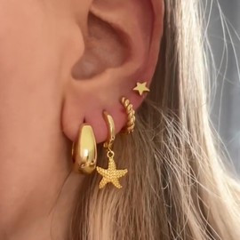 4Pairs Gold Starfish Earrings for Women 14K Gold Plated Hoop Earrings for Multiple Piercing Dainty Summer Jewelry Earrings Stack Beach Vacation Outfits