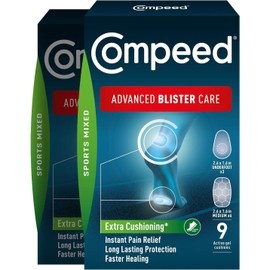 Compeed Advanced Blister Care Pads, Hydrocolloid Gel Cushions for Instant Pain Relief and Faster Healing, Sports Mixed Sizes, 9 Count (2 Packs)