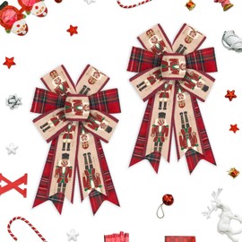 On-Airstore 2 pcs Christmas Wreath Bows Nutcracker Burlap Bows for Wreath, Red Buffalo Plaid Ribbon Bows Christmas Decor Bows for Home Indoor Outdoor Decoration Wreath Ornament Supplies
