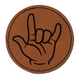 I Love You Hand Sign Language Round Iron-On Engraved Faux Leather Patch Applique - 2.5 Inch - Brown