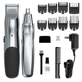 Wahl Groomsman Rechargeable Beard Trimmer kit for Mustaches, Nose Hair, and Light Detailing and Grooming with Bonus Wet/Dry Battery Nose Trimmer – Model 5622v - Color: Silver/Black