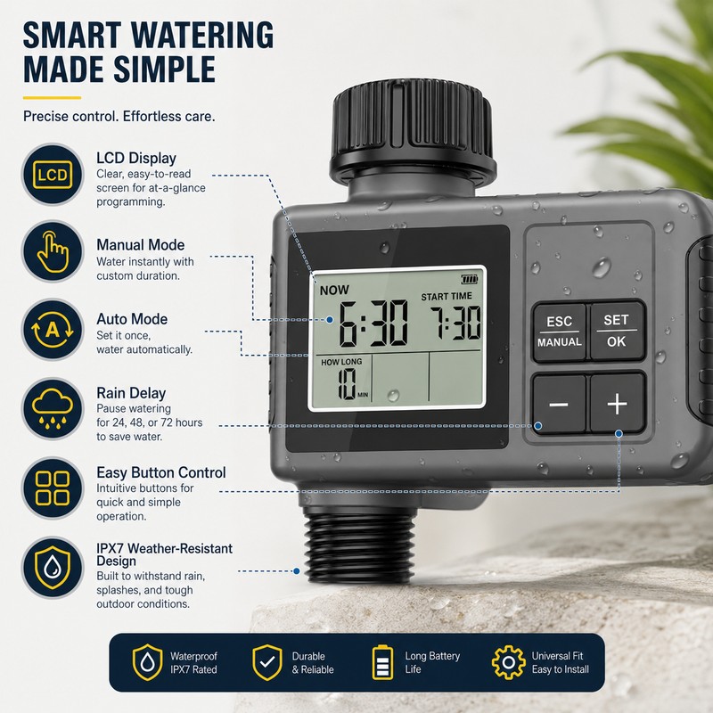Automatic Water Timer for 2-Zone Garden Irrigation – IPX7 LCD