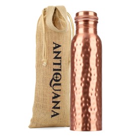 ANTIQUANA 34 Oz Pure Copper Water Bottle Set – Leak-Proof Hammered Design with Tumbler, Carrying Bag & Smooth Finish Decorative – Copper Home Decore