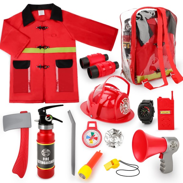 deAO Washable Fireman Costume Set with 13 Fire Fighter Toy Accessories, Storage Backpack and Real Water Shooting Extinguisher - Great for Kids