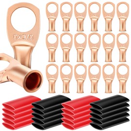 Landhoow 20 Pcs UL Test Wire Lugs 8 Gauge Stud Ring Terminals,8 Gauge Wire Connectors,Heavy Duty Copper Crimp Lugs, Welding Cable Bare Copper Eyelet Lug & Heat Shrink (8 Awg 3/8 Ring,10 Black, 10 Red)