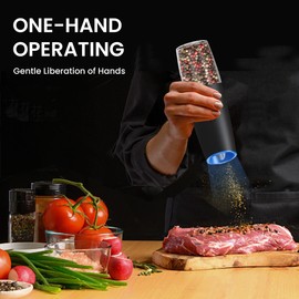 BELRIGO Rechargeable Salt And Pepper Grinder Set with LED Light, Automatic Electric Gravity Salt And Pepper Shakers Set, No Battery Needed, Adjustable Roughness, 2 Pack (Black)