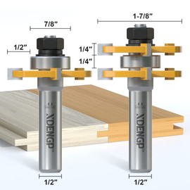 XDENGP Professional 2 PCS Tongue and Groove Router Bit Set 1/2 Inch Shank, 3 Teeth T Shape Wood Milling Cutter Woodworking Tools, Matched Oak Hardwood Floor Wainscoting Boards Joinery Router Bit