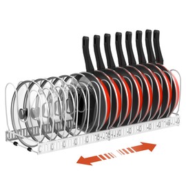 Housolution Pot and Pan Organizer Rack for Cabinet, Upgraded Expandable Pot Lid Organizer with 14 Adjustable Dividers, Pan Holder Storage Rack for Kitchen Cabinet, White