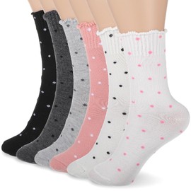 HJZHII 6 Pairs Women Ruffle Socks, Girl Stockings Cotton Socks for Women Polka Dot Crew Frilly Sock Vintage Patterned Ankle Novelty Fashion Striped Stocking Cute Sock White Ruffle Stockings
