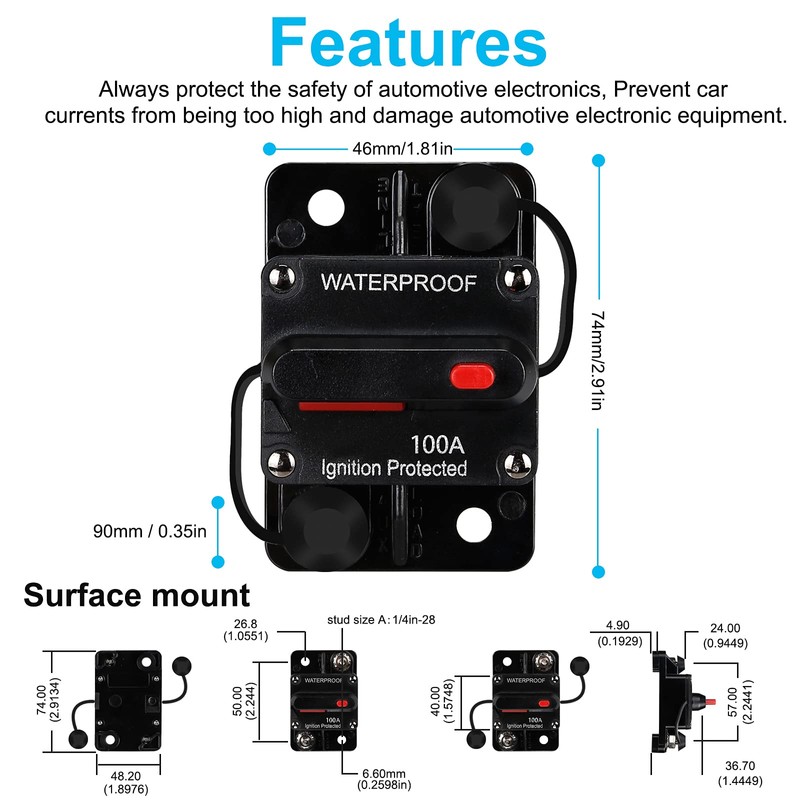 Generic 100 Amp Waterproof Circuit Breaker,with Manual Reset,12V-48V DC,30A-300A,for Car