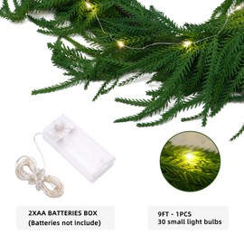 9FT Artificial Norfolk Pine Garlands, Real Touch Winter Christmas Pine Tree Wreath with 9.8FT LED String Lights, Green Artificial Greenery Garland for Christmas Holiday Home Decor Mantle
