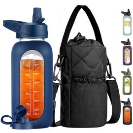 CIVAGO 32 oz Glass Water Bottle with Straw and Insulated Bottle Holder Sling, Motivational Water jug with Time Marker and Silicone Sleeve, Water Flask with 2 Lids for Walking and Gym Navy