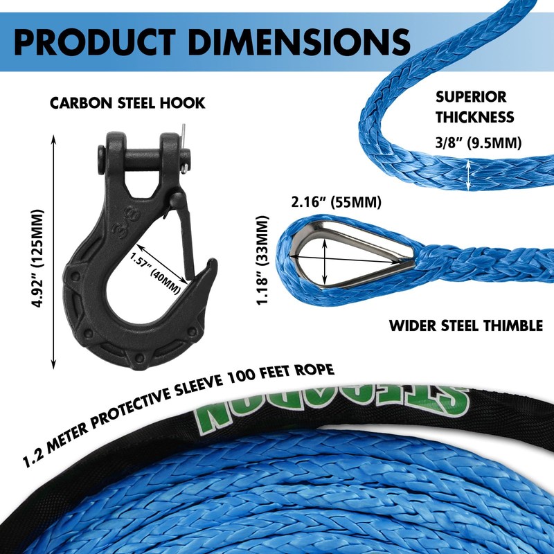 STEGODON Synthetic Winch Rope, 3/8" x100ft 23809LBS Dyneema Winch Rope