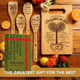 Gifts for Daughter in Law Kitchen Set of 6 for Women, Christmas Birthday Thankful Inspirational Gifts for Daughter in Law with cutting board & 4 Bamboo-Made Engraved Spoons