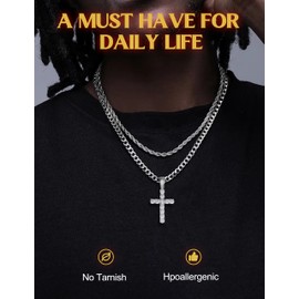 925 Sterling Silver Cross Necklace for Men - Layered Cross Pendant Necklaces Cubic Zirconia Waterproof Stainless Steel Cuban Link Rope Chain Silver Necklace Stack Jewelry with Gift Box 20&22 Inches