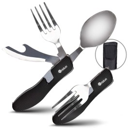 Orblue 4-in-1 Camping Utensils, 2-Pack, Portable Stainless Steel Spoon, Fork, Knife & Bottle Opener Combo Set - Travel, Backpacking Cutlery Multitool, Black