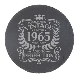 60th Birthday Gift for Men Vintage 1965 Aged to Perfection Engraved Slate Coaster Present for 60 Year Old Etched Natural Slate Placemat (Round Slate)