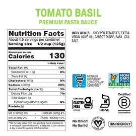 Fody Foods Tomato Basil Pasta Sauce, 19.4 Oz, Garlic and Onion Free, Low FODMAP Certified, Gut & IBS Friendly, Vegan, Non-GMO, Gluten Free, Kosher