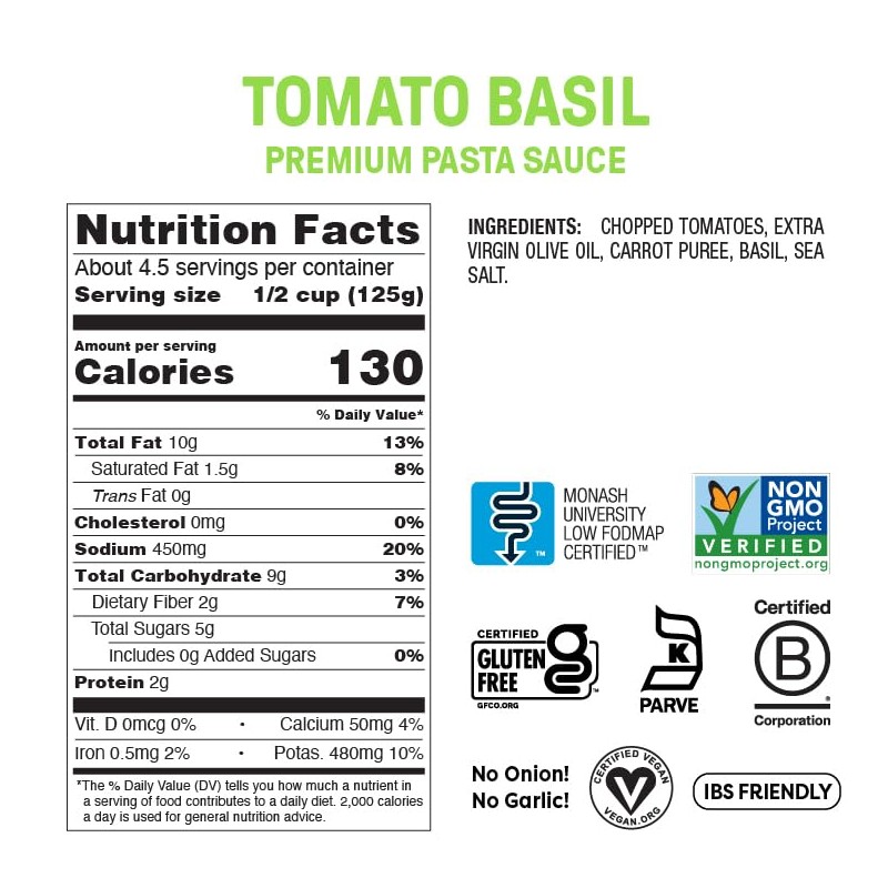 Fody Foods Tomato Basil Pasta Sauce, 19.4 Oz, Garlic and
