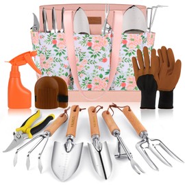 Gardening Tools - YAUNGEL 10 Pcs Garden Tool Set, Heavy Duty Stainless Steel Gardening Supplies Hand Tools with Wooden Handle, Storage Tote Bag, Ideal Garden Gifts for Women and Men, Pink