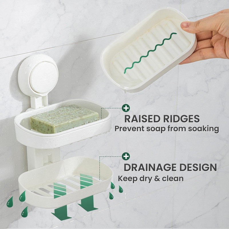 TAILI Double Layer Suction Soap Dishes for Bathroom, Max Hold