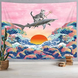 DYNH Funny Ocean Tapestry, Hilarious Cat Riding Cool Shark at Ocean Wave Wall Tapestry, Japanese Kanagawa Wave Anime Art Tapestry for Bedroom Aesthet, Pink Space Small Tapestry Wall Hanging 60X40IN