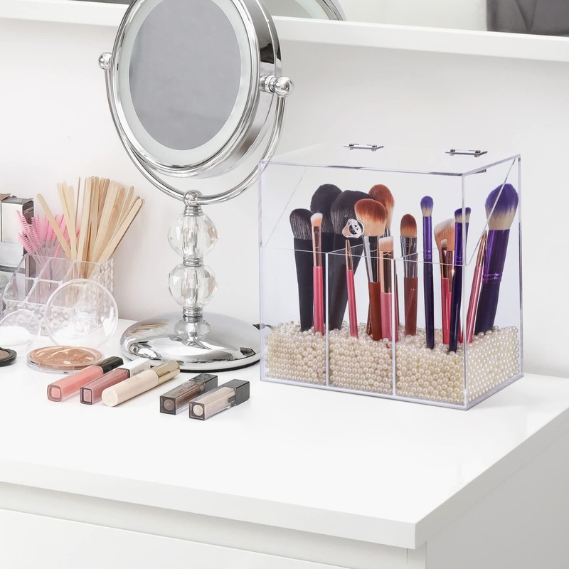 LOHRYVIO Acrylic Makeup Brush Holder with Lid - Clear Cosmetic