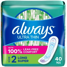ALWAYS Ultra Thin Size 2 Super Pads Without Wings Unscented, 40 Count