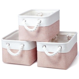PWVMWM Small Storage Box With Handles, Small Storage Baskets As Gift Basket for Toys Towels Makeup, Folding Canvas Fabric Material Storage Box for Dog Cat Toy Box, 31 X 21 X 16 cm (White Pink-3pack)