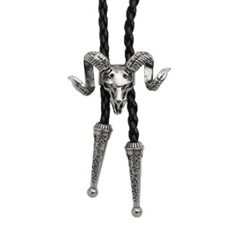 Yjfeshion Cowboy Vintage Bolo Tie Western Skull Goat Head Texas Bola Tie Rodeo Leather Necktie for Men Women Gift Vintage Silver