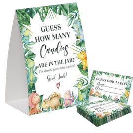 Dinosaur Guess How Many Candies Are in the Jar Game for Baby Shower, Pack of One 5x7 Sign and 50 Guessing Cards, Greenery Baby Shower Decoration, Gender Neutral Party Supplies - GC07