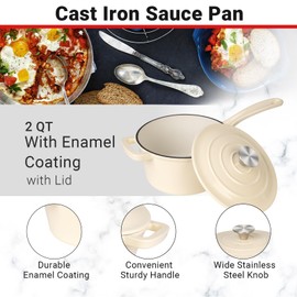 Enameled Cast Iron Sauce Pan, 2 Quarts Round Sauce Pot with Lid, Mini Dutch Oven Enamel Saucepan for Cooking Pasta Sauce, Marinate, Cook, Refrigerate and Serve, Cream White