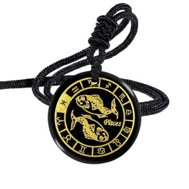 Nupuyai 12 Constellations Engraved Round Pendant Necklace, Healing Black Obsidian Necklace for Men with Adjustable Cord, Pisces