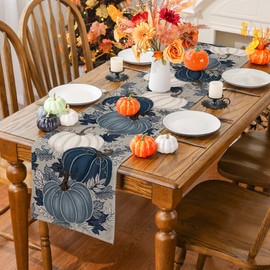 Fall Table Runner, Blue Vintage Pumpkin Maple Leaf Runner Seasonal Autumn Thanksgiving Home Party Decor Dining Table Decorations 13x48 Inch