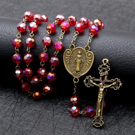 KOMI Red Crystal Beads Rosary Catholic Necklace for Woman Catholic Christian Gifts Packed in Velvet Pouch