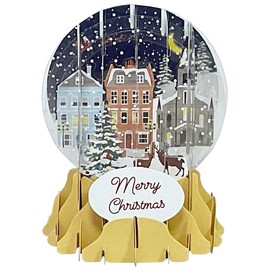 Up With Paper Village Glow: 3 Buildings, Tree, Deer and Santa Flying Across the Night Sky 5 Inch 3D Pop-Up Snow Globe Christmas Card