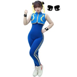 DAZCOS Women's US Size Blue Cheongsam Game Cosplay Costume Fighter Bodysuit with Bracelet and Hair Ties (Large, Blue)